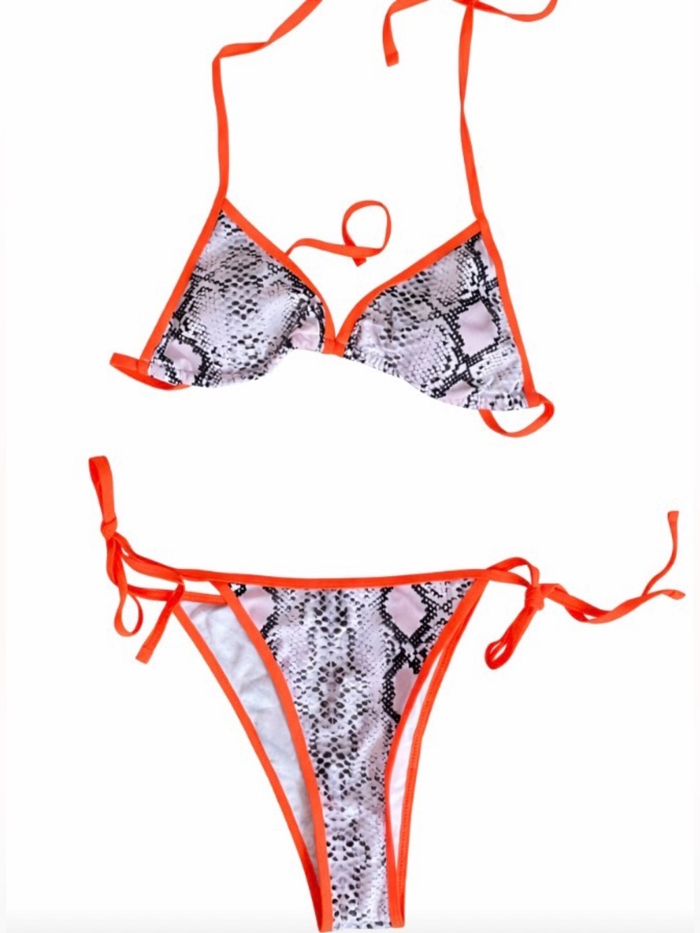 Snakeskin Print Bikini Set Small | Neon Coral Trim Tie Side Two Piece Swimsuit